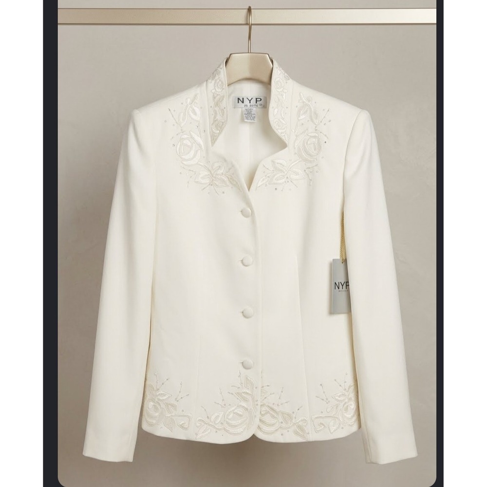 NYP Suits Ivory Embroidered Beaded Mandarin Collar Blazer Jacket Size 6 NEW